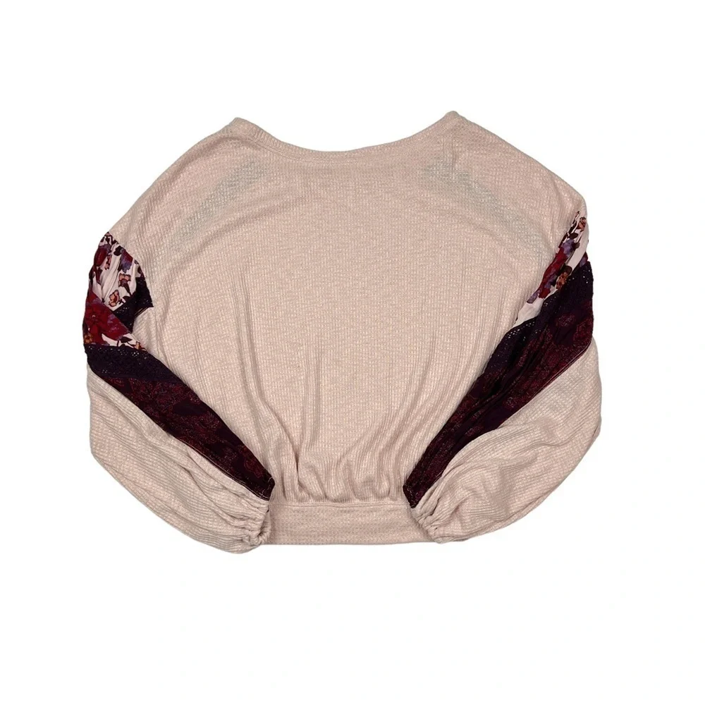 Free People Pink Waffle Knit Long Puff Sleeve Casual Clash Top
